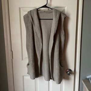 Gray Sherpa Fur Hooded Vest with Pockets